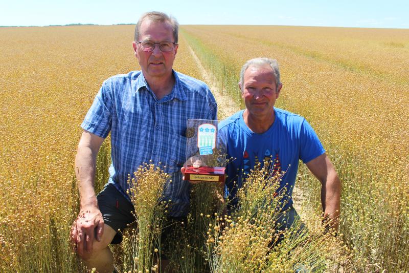 Philippe Henry et son salarié Thierry Dochy posent avec leur trophée Semae dans un champ destiné à la production de semences de lin de printemps.