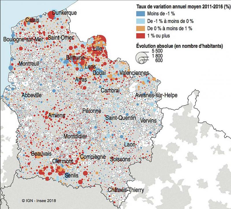 Évolution de la population des communes des Hauts-de-France de 2011 à 2016.