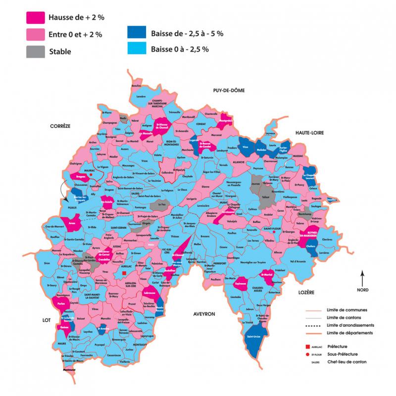 Évolutions des populations légales des communes du Cantal entre 2013 et 2018.Source : Insee Auvergne-Rhône-Alpes.