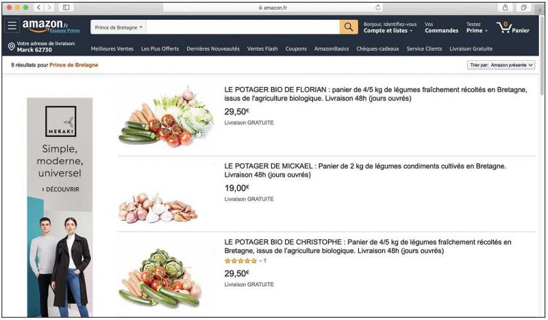 Sur Amazon.fr, on peut acheter des paniers de légumes produits par des maraîchers français.