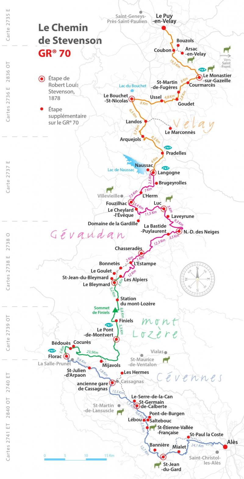 Le chemin traverse quatre départements : la Haute-Loire, l'Ardèche, la Lozère et le Gard.