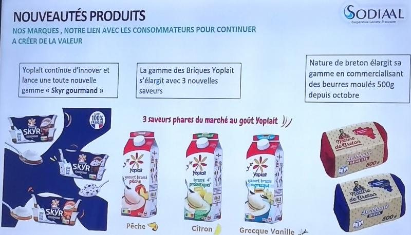 Parmi les nouveaux produits Sodiaal, trois nouveaux parfums de yaourts en brique. La coopérative est la seule à proposer cela, de nouvelles gammes de fromage râpé et de brie, une nouvelle gamme de fromages chauds pour l'apéritif, un nouveau Skyr au caramel beurre salé.