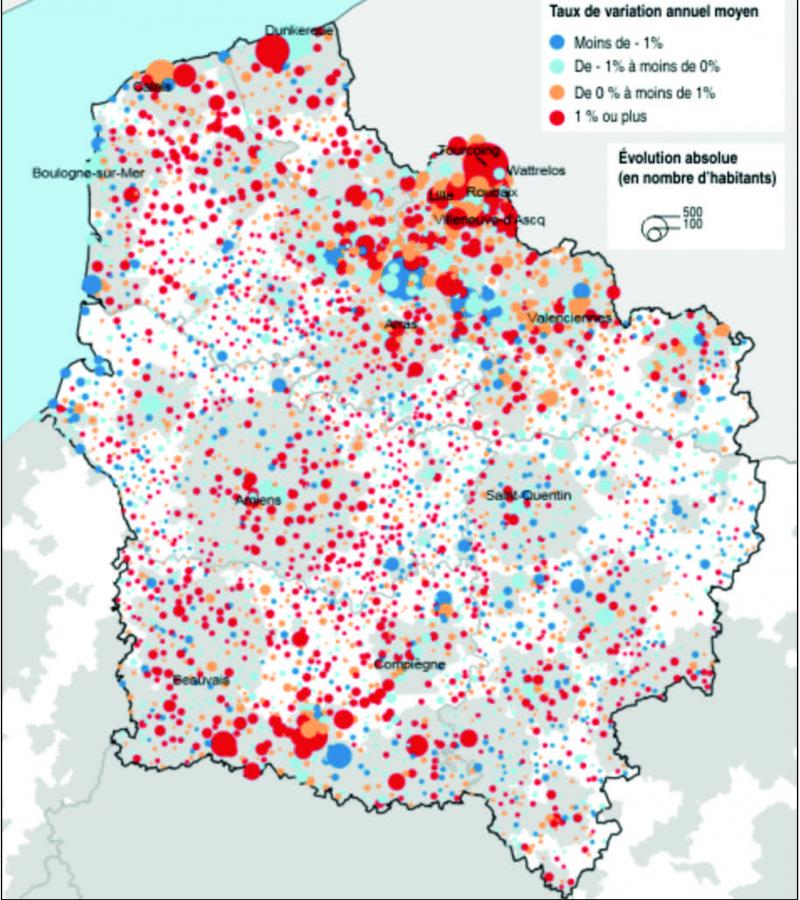 Évolution de la population des communes des Hauts-de-France de 2010 à 2015.